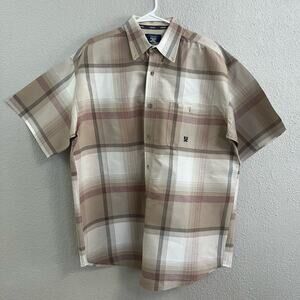 Wrangler 20X Tan + White Plaid Short Sleeve Button Down Shirt Mens Size Large